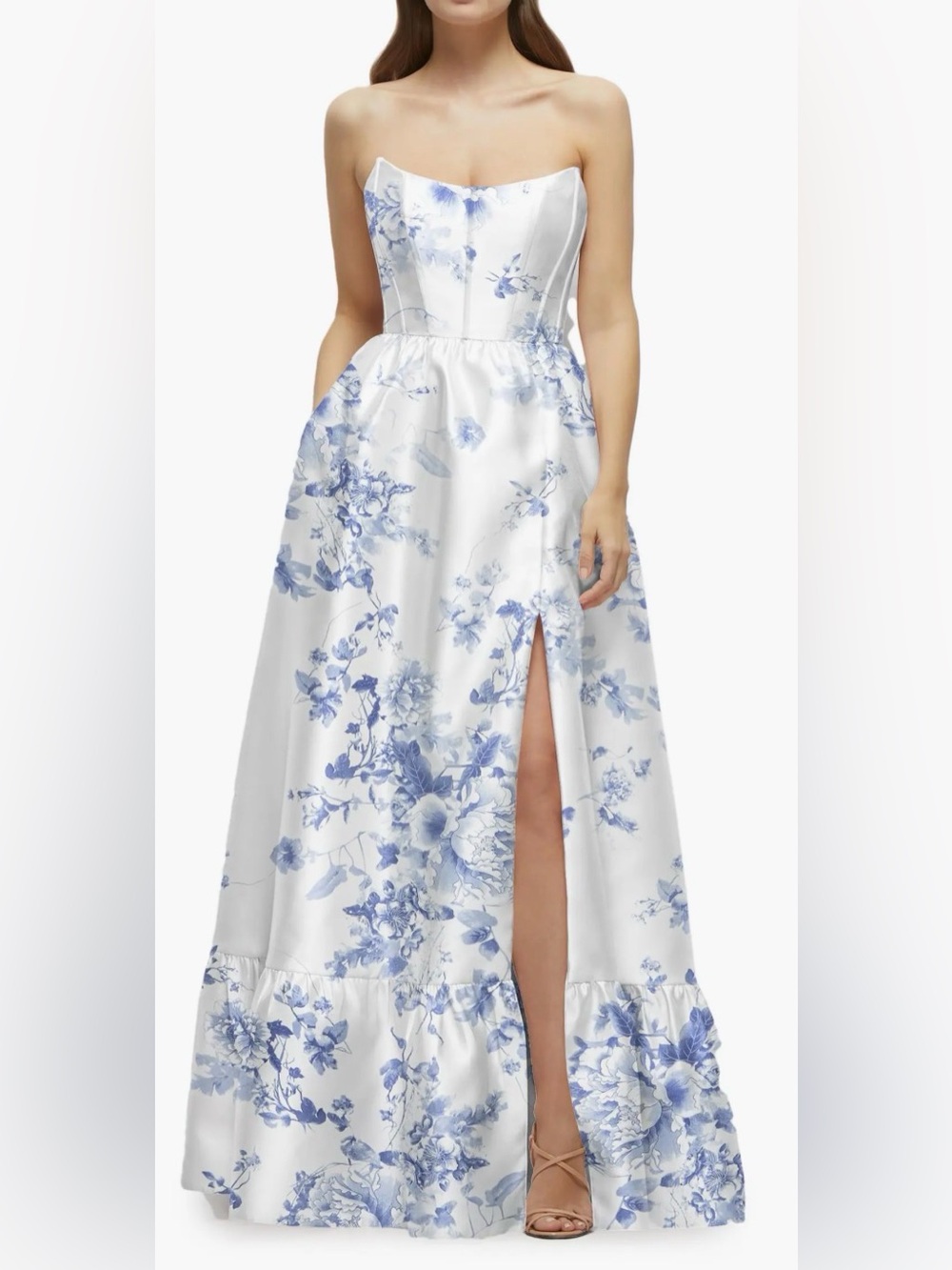 NEW Dessy Collection Floral Strapless Bustier Bodice Satin cottage rose Gown Sz